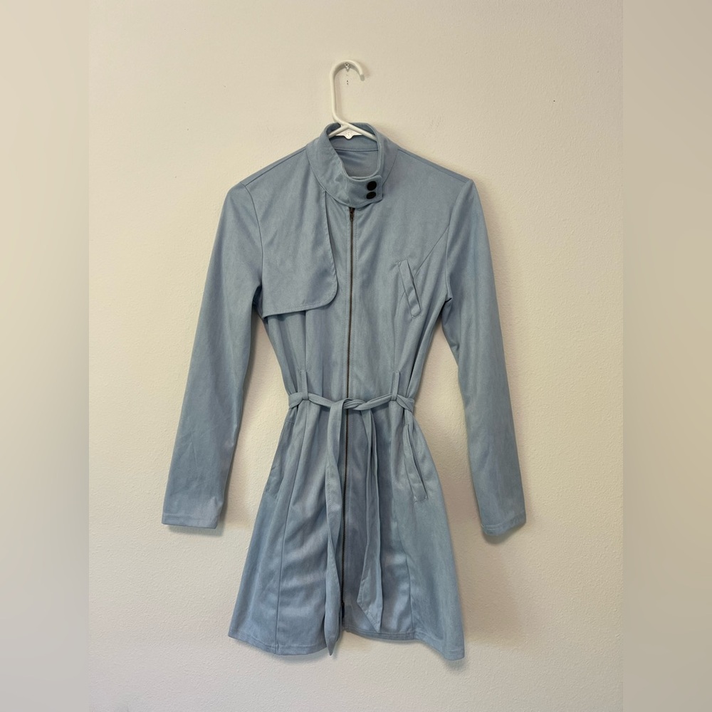 Women’s Light Blue Suede Zip-Up Trench Coat w/ Belt
